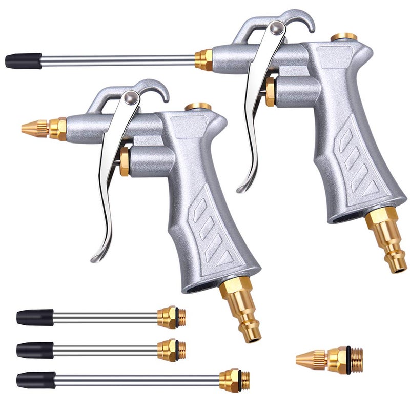 JASTIND Industrial Air Blow Gun with Brass Adjustable Air Flow Nozzle and 2 Steel Air flow Extension, Pneumatic Air Compressor Accessory Tool Dust Cleaning Air Blower Gun-2 Pack - Image 1